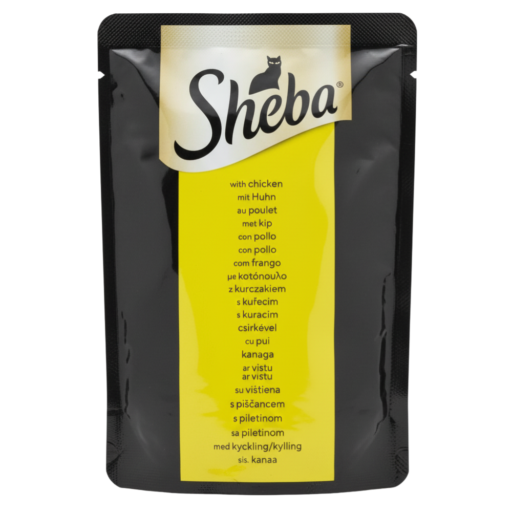 Sheba cat food pouch with yellow label on black background