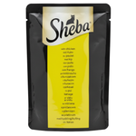 Sheba cat food pouch with yellow label on black background