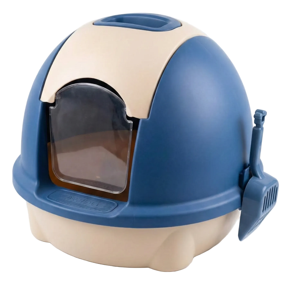 Blue and beige pet litter box on a white background