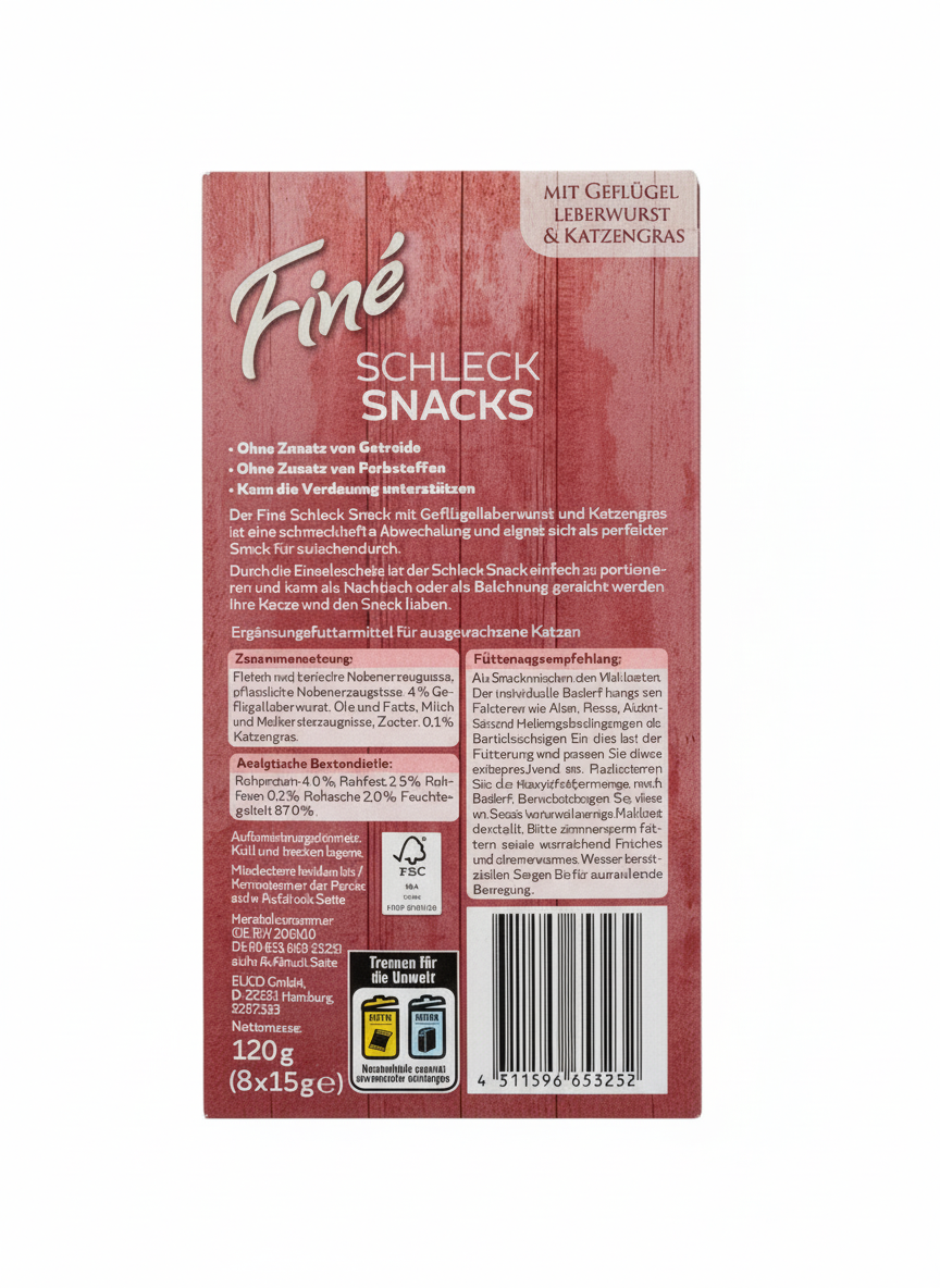 Fine Cat Schleck Snacks with Poultry, Liver Sausage & Cat Grass 8 Tube 120g