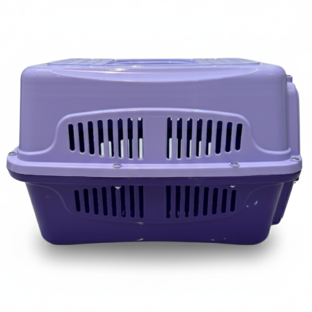 Purple pet carrier with a white background