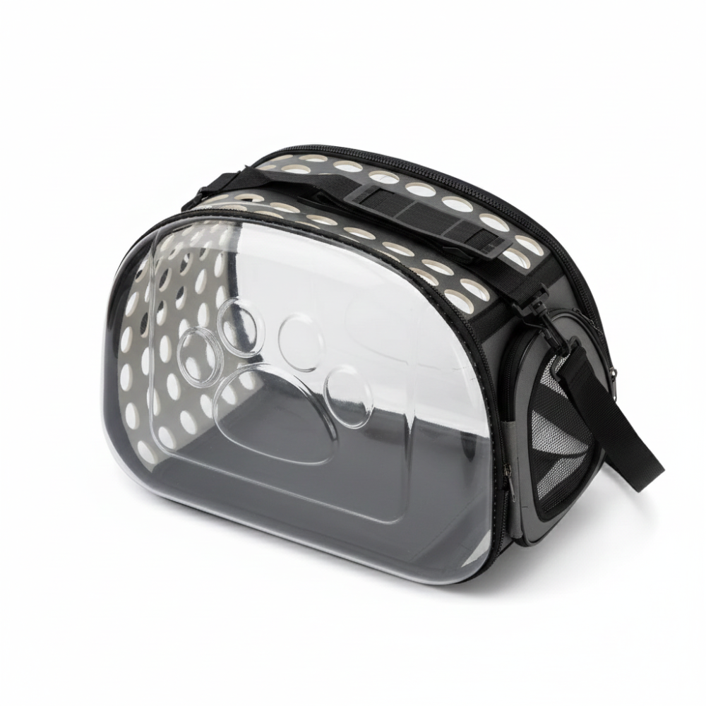 Clear pouch with black mesh and zipper on a white background