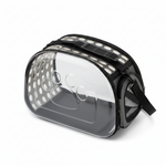 Clear pouch with black mesh and zipper on a white background