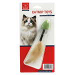 Catnip toy with feather and green ball on packaging featuring a cat.
