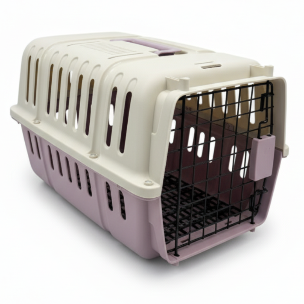 Pet carrier with beige top and pinkish-purple base on a white background
