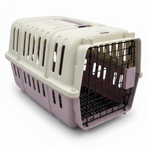 Pet carrier with beige top and pinkish-purple base on a white background