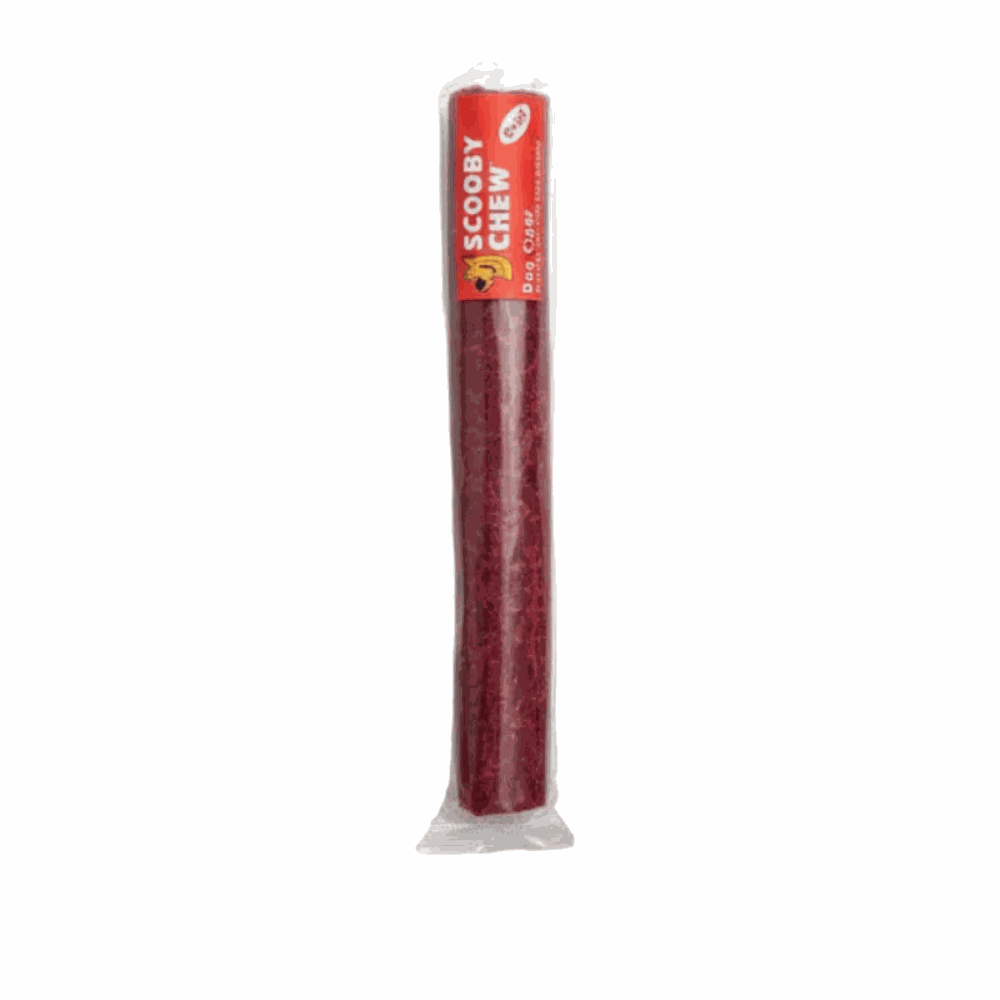 Red dog chew treat in a clear packaging on a white background