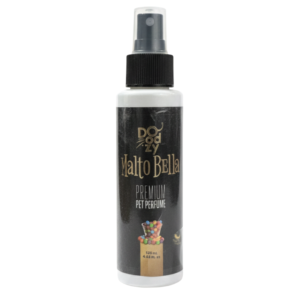Malto Bella pet perfume bottle with black spray nozzle on a white background