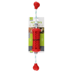 Red pet toy with a handle on a white background