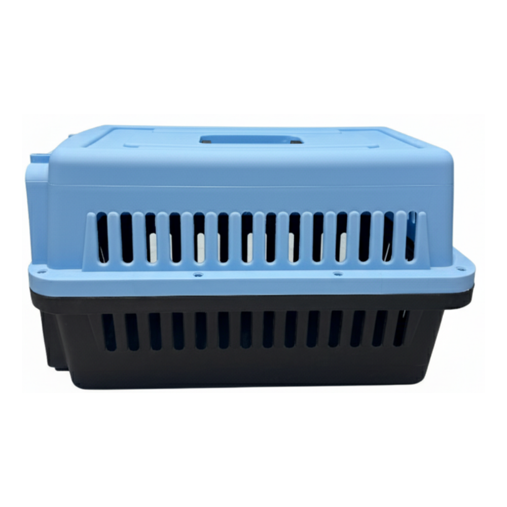 Pet carrier with blue top and black bottom on a white background