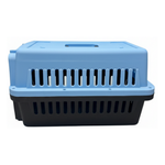 Pet carrier with blue top and black bottom on a white background