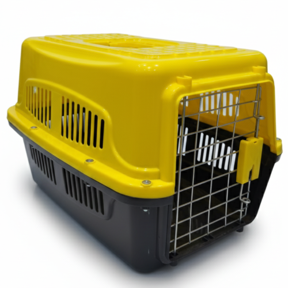 Yellow and black pet carrier on a white background