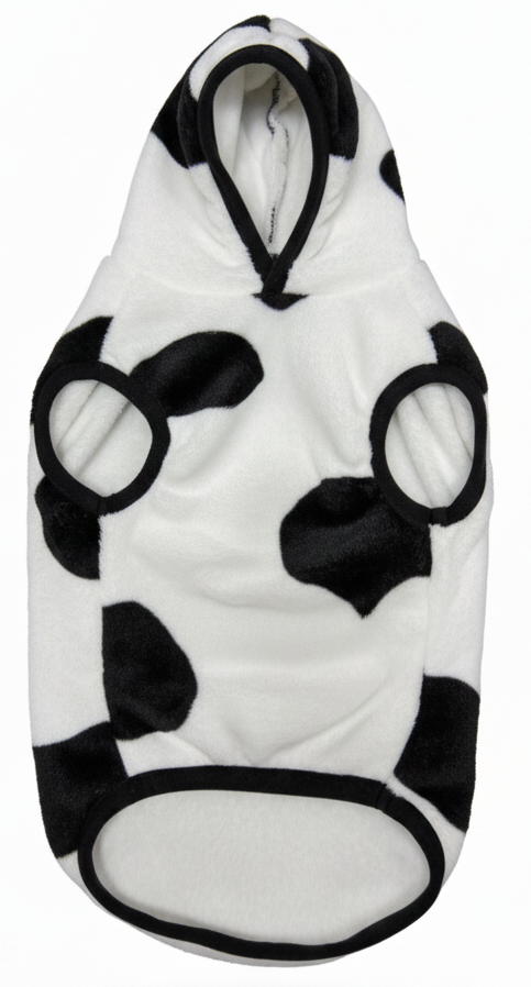 Cow print pet coat on a white background