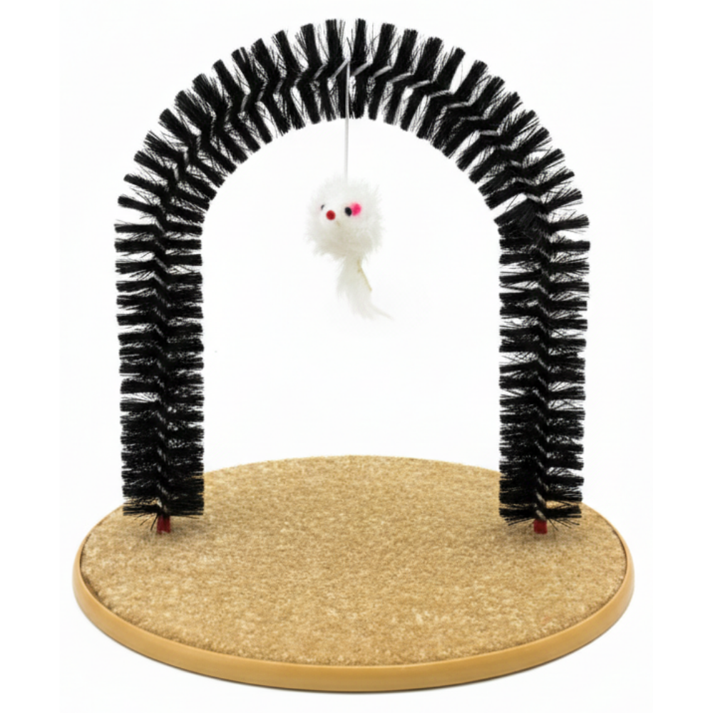 Cat toy with a cardboard arch and dangling white mouse on a white background