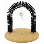 Cat toy with a cardboard arch and dangling white mouse on a white background