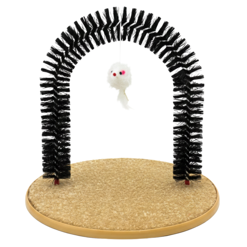 Cat toy with a cardboard arch and dangling white mouse on a white background