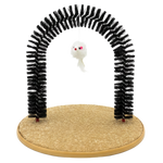 Cat toy with a cardboard arch and dangling white mouse on a white background