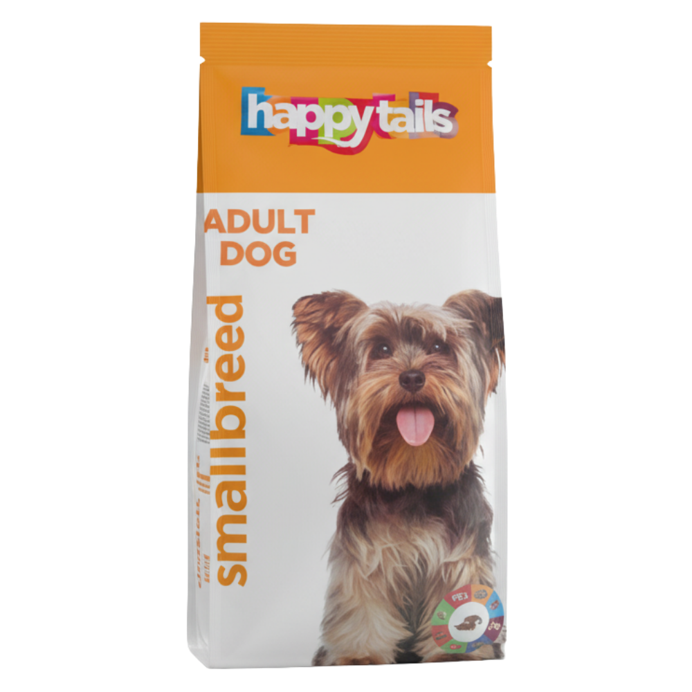 Happy Tails small breed adult dog food packaging with a dog on the front.