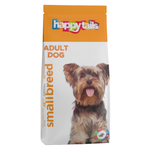 Happy Tails small breed adult dog food packaging with a dog on the front.