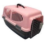 Pink pet carrier with black base on a white background