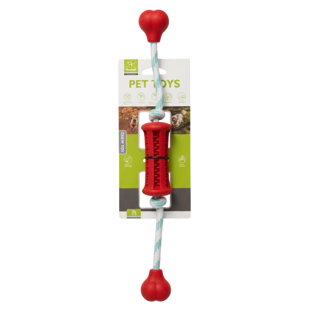 Red pet toy with a white packaging label on a white background