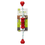 Red pet toy with a white packaging label on a white background