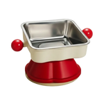 Small metal pan with red handles and base on a white background
