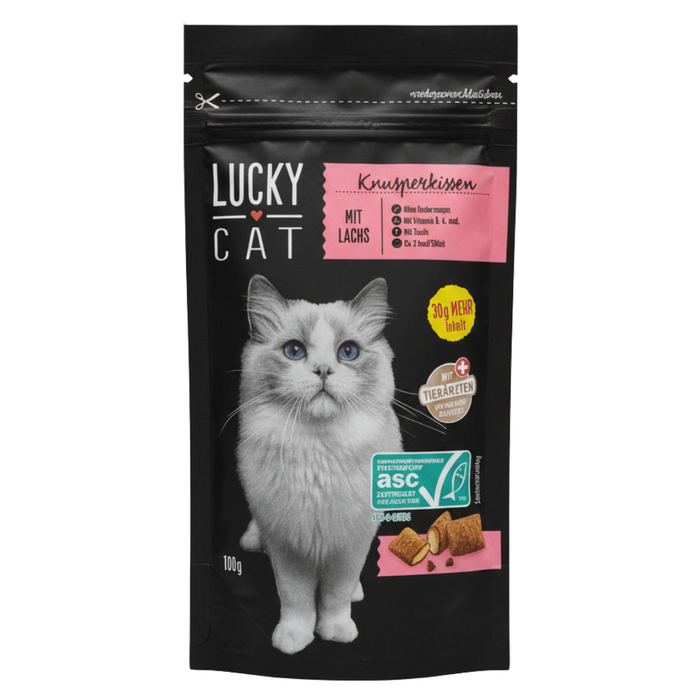 Lucky Cat cat food package with a kitten on a black background