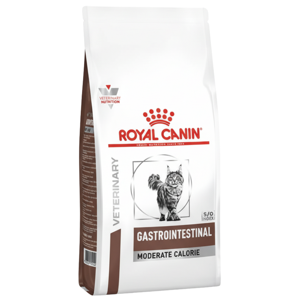 Royal Canin Veterinary Gastrointestinal Moderate Calorie cat food bag on a white background