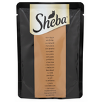 Sheba cat food pouch with duck flavor on a black background