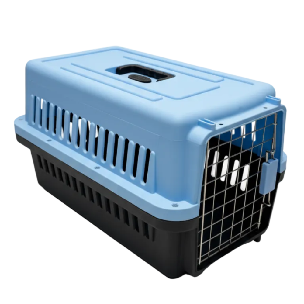 Pet carrier with blue top and black bottom on a white background