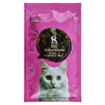 Pink cat food package with a cat's face on a white background