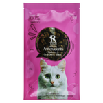 Pink cat food package with a cat's face on a white background