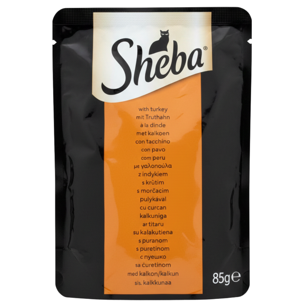 Sheba cat food pouch with orange label on a black background