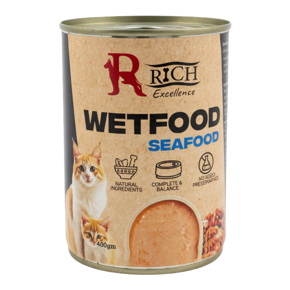 Can of Rich Excellence Wetfood Seafood for cats on a white background