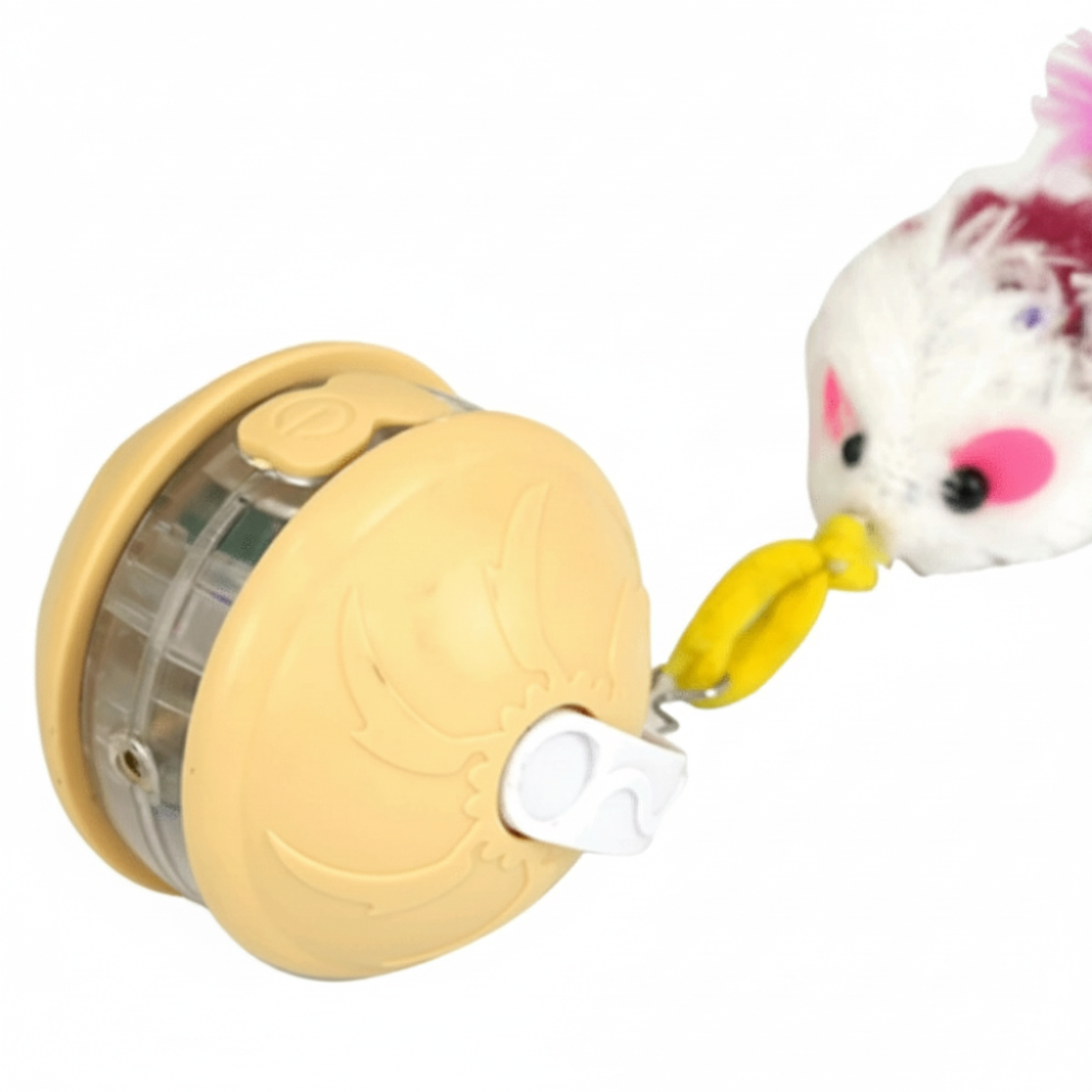 Yellow toy with a small plush cat attached on a white background