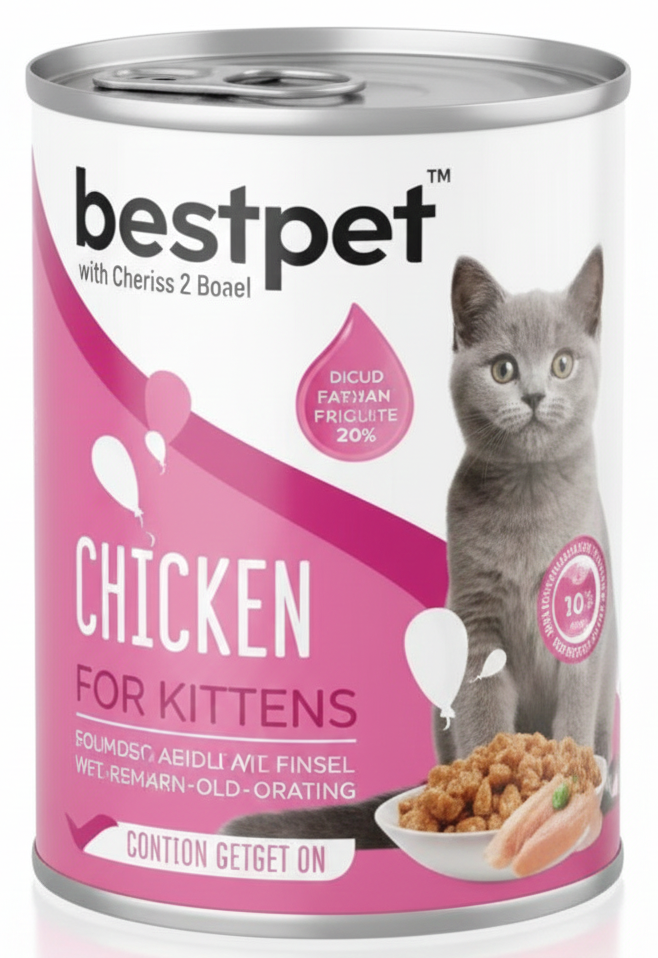 Can of Bestpet chicken cat food for kittens on a white background