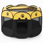 Black and yellow pet playpen with paw prints on a white background