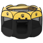 Black and yellow pet playpen with paw prints on a white background