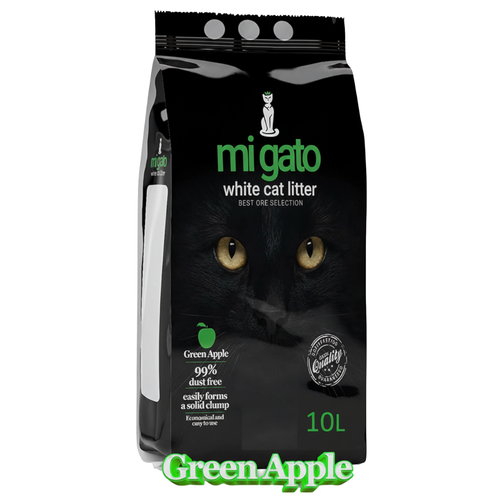 Bag of Migato white cat litter with a black cat on the packaging.