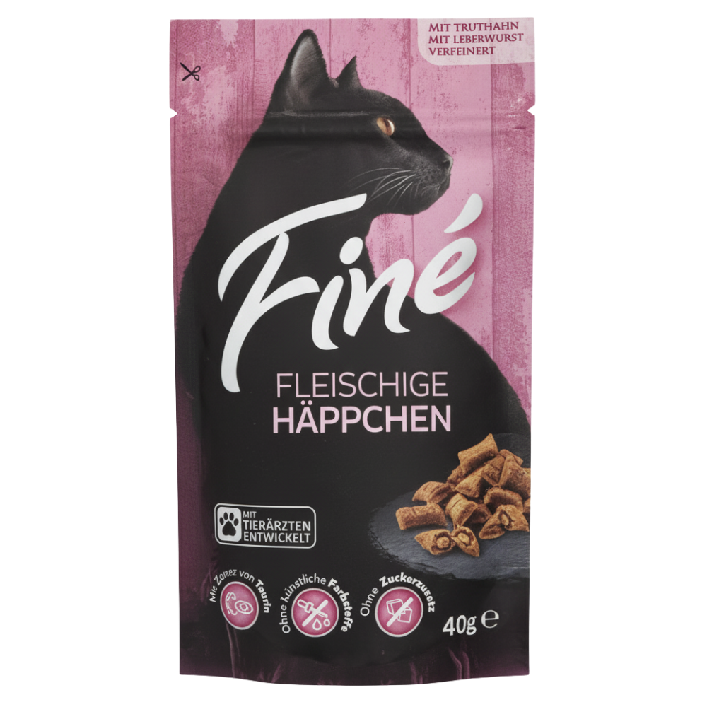 Cat food package with a pink background and black cat illustration, featuring the brand 'Fine'.