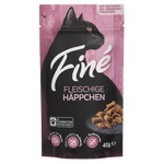 Cat food package with a pink background and black cat illustration, featuring the brand 'Fine'.