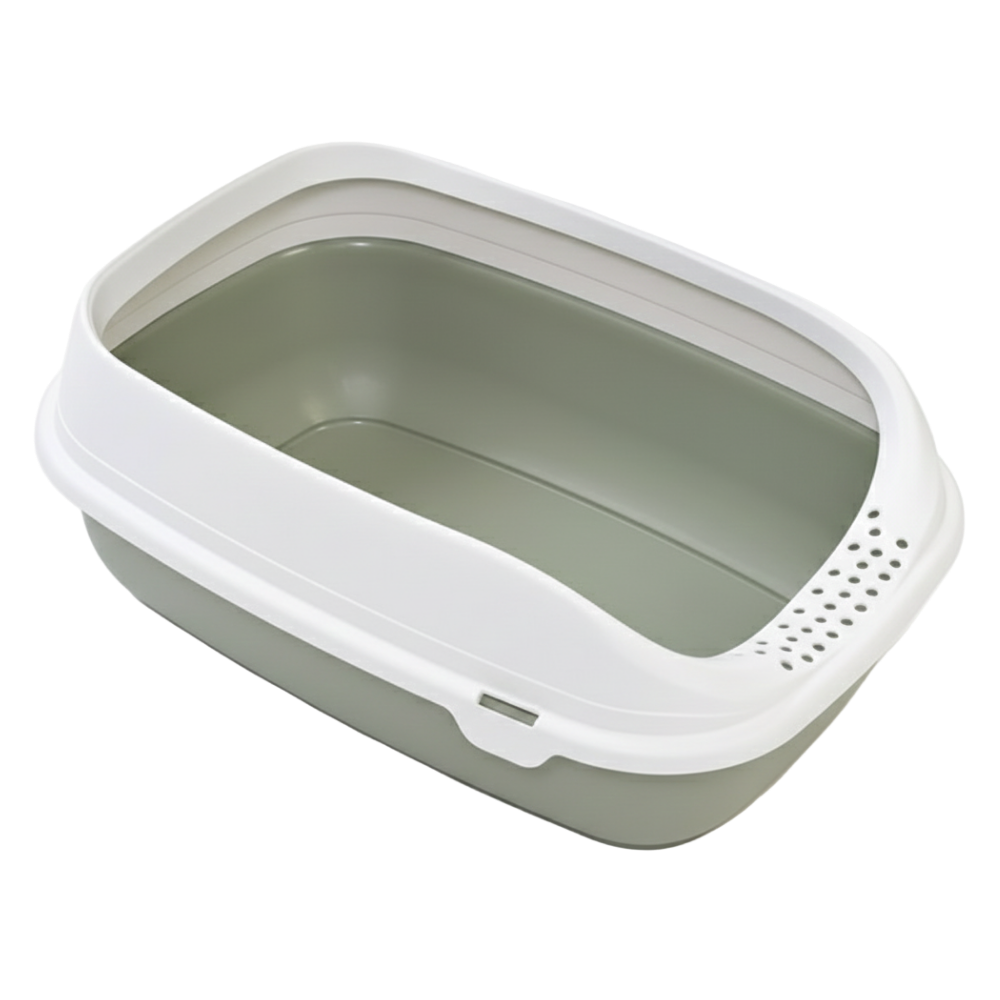 Pet litter box with a white rim and green interior on a white background