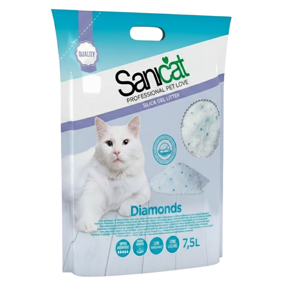 Sanicat cat litter packaging with a white cat on a blue and white background