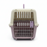 Pet carrier with a purple exterior and beige interior on a white background