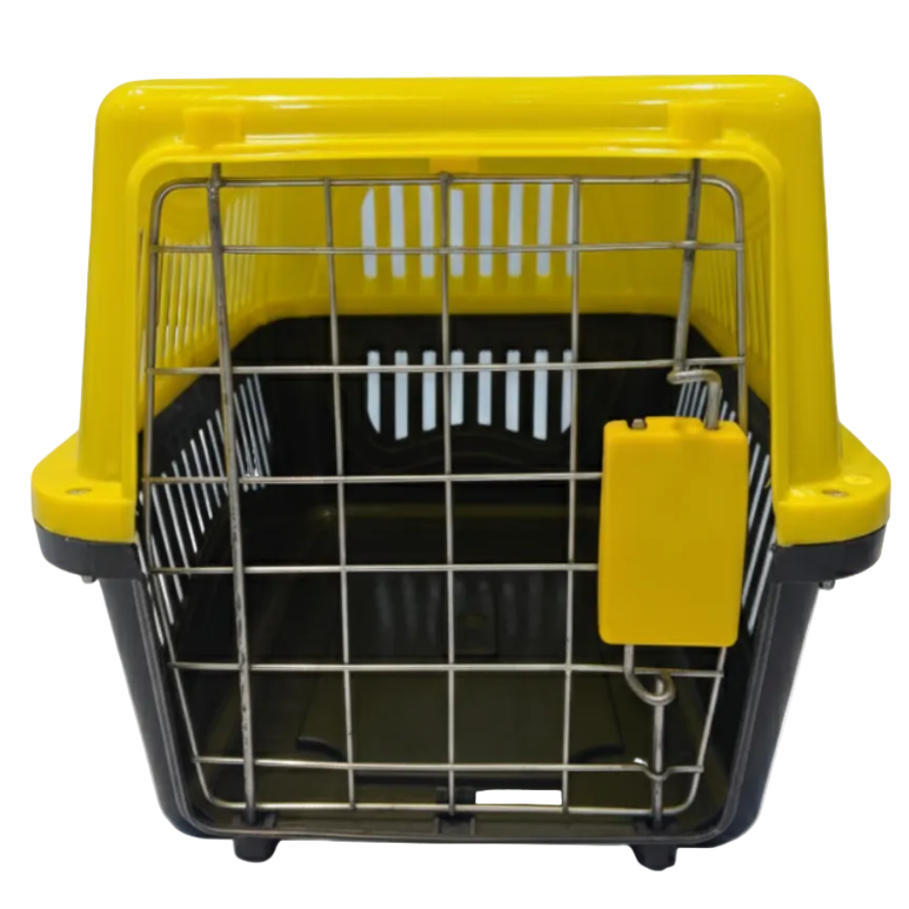 Pet carrier with yellow top and black base on a white background