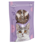 Purple package of cat treats with a cat's face on the label