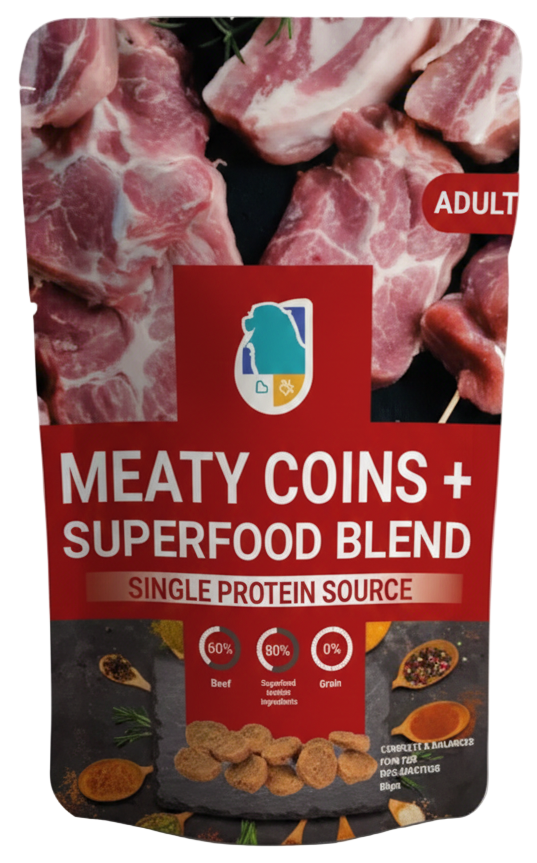 Dog food package labeled 'Meaty Coins + Superfood Blend' on a white background