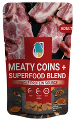 Dog food package labeled 'Meaty Coins + Superfood Blend' on a white background