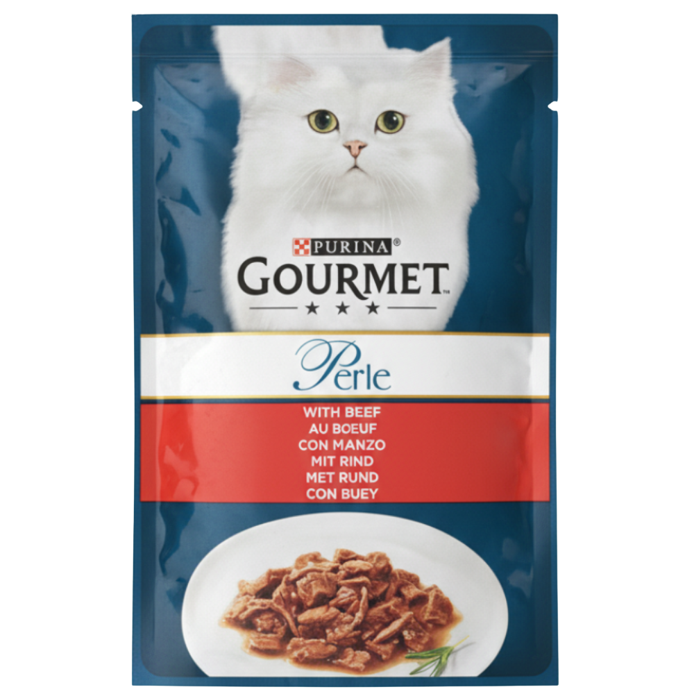 Purina Gourmet Perle cat food package with a white cat on the label